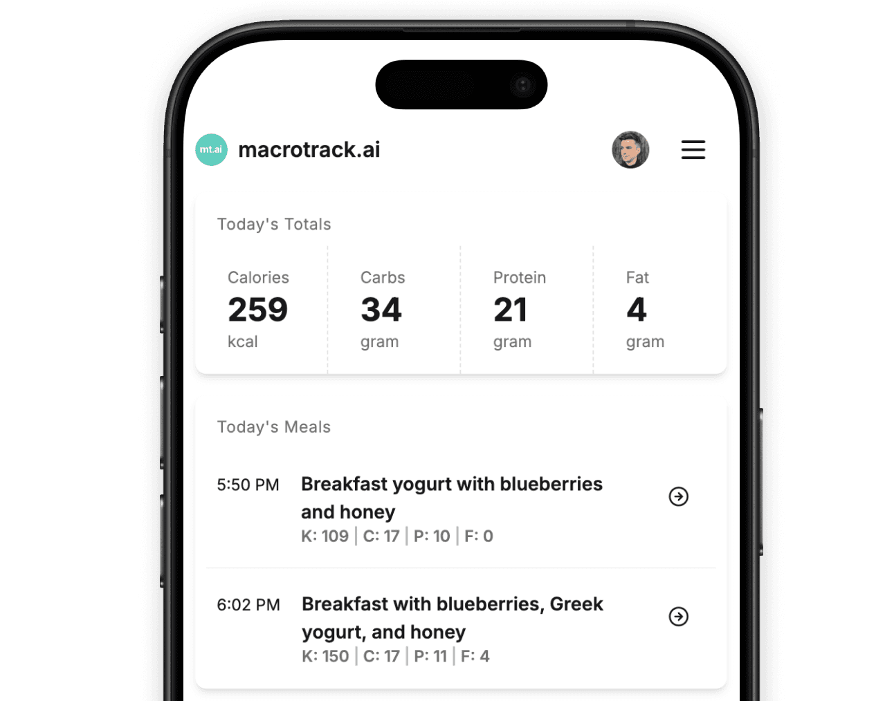 Mobile daily macro tracking log showing calories, carbs, protein and fat intake