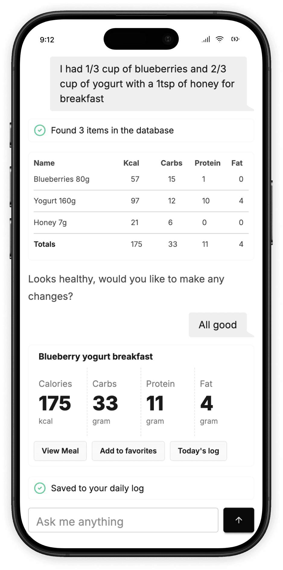 Example chat interaction with Macrotrack AI assistant